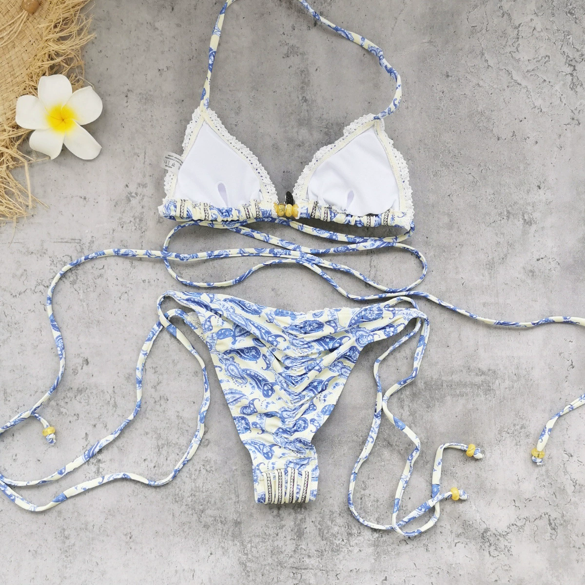 Triangle Halter Bikini Set with Tie-Side Bottom and Lace Trim view 4