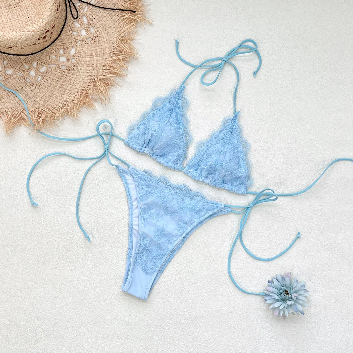 Two-Piece Halter Triangle Bikini Set with Tie-Side Bottoms