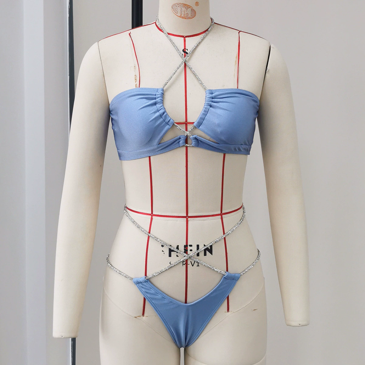 Bandeau Halter Bikini Set with Rhinestone Straps and High-Cut Briefs