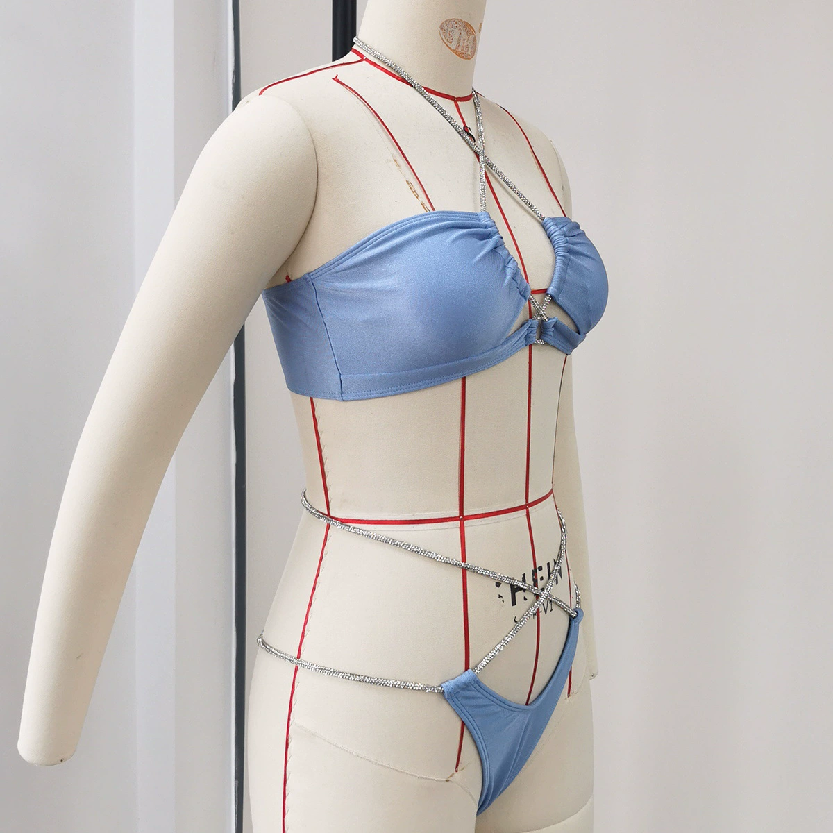 Bandeau Halter Bikini Set with Rhinestone Straps and High-Cut Briefs view 3