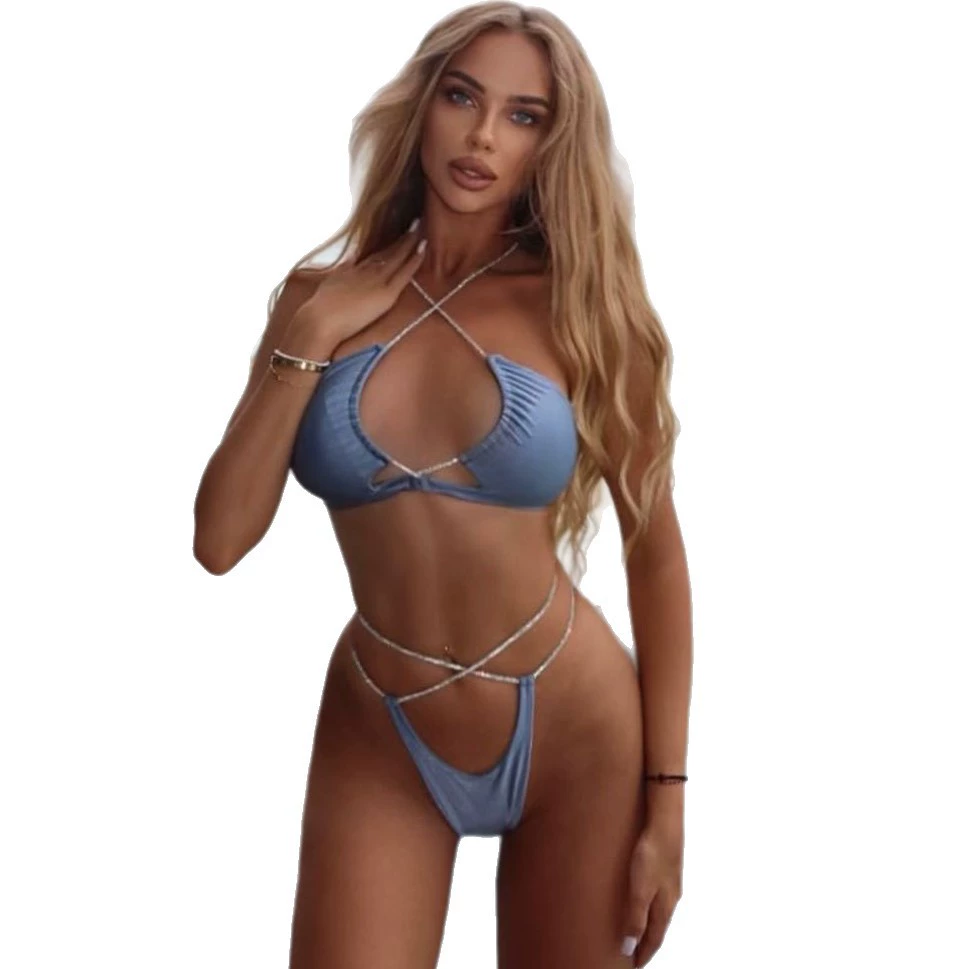 Bandeau Halter Bikini Set with Rhinestone Straps and High-Cut Briefs view 5