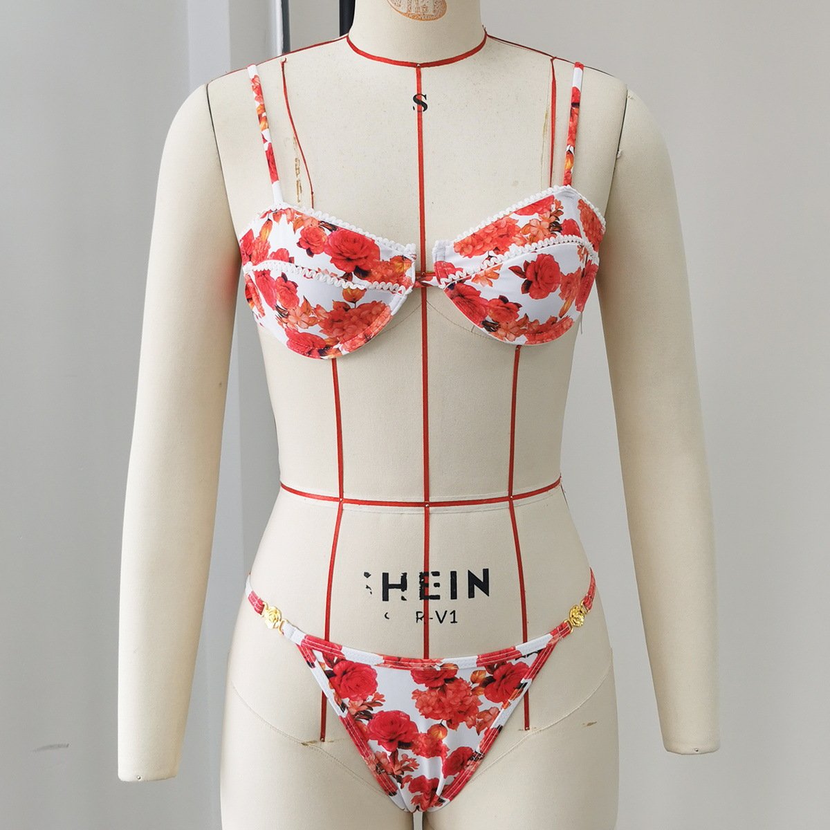 Red floral wave edge bikini