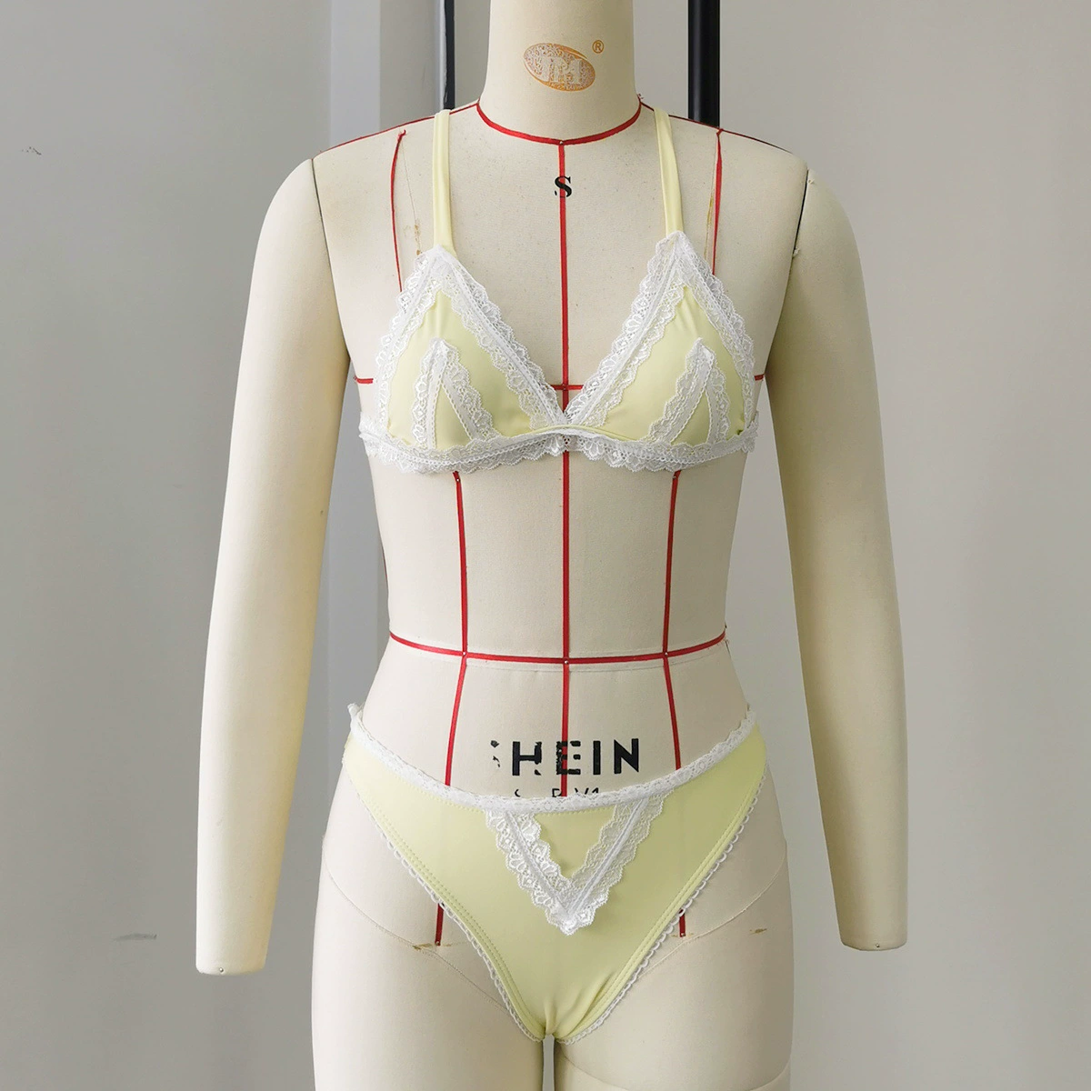 Lace Trim Triangle Bikini Set with Back Tie