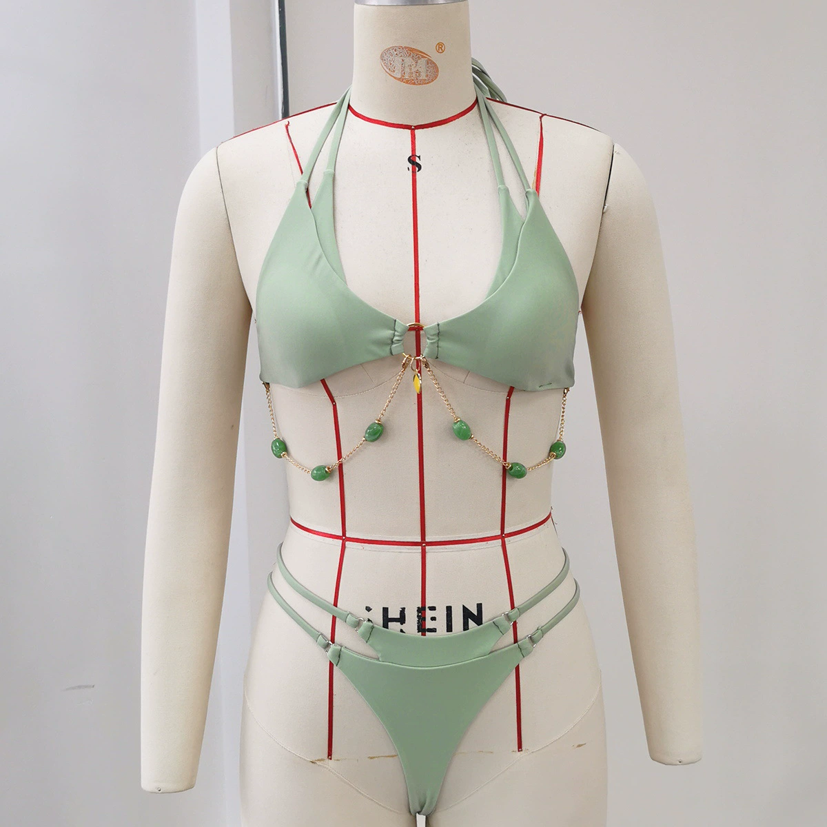 Halter Neck Bikini Set with Charm Chain and Double Straps