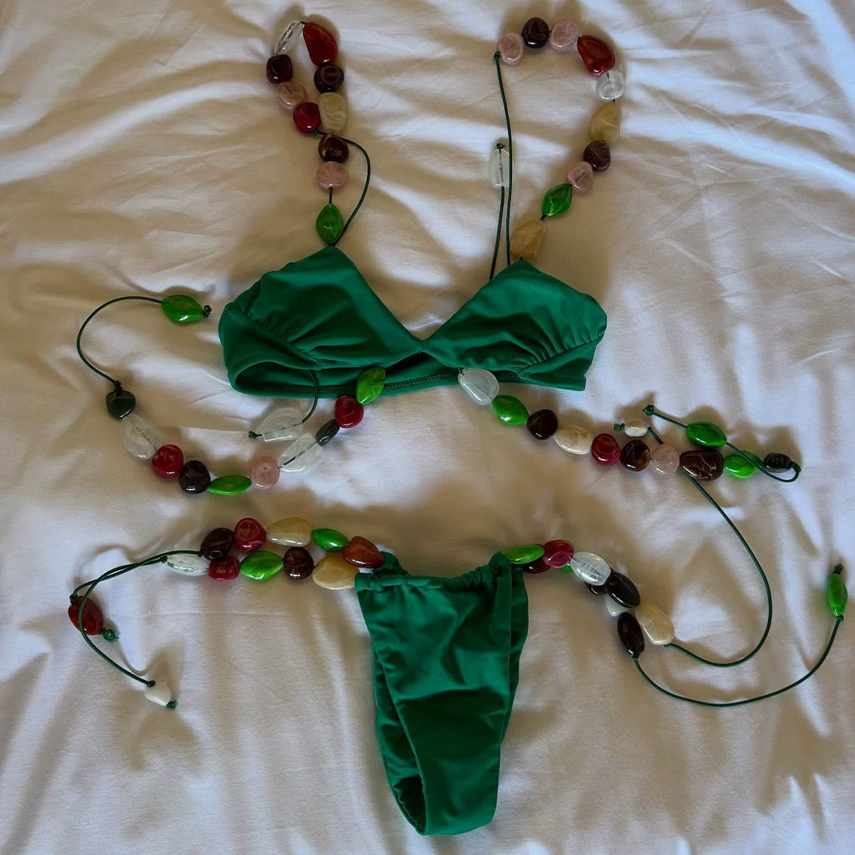 Women’s Beaded Bikini Set with Triangle Top and Side-Tie Bottom