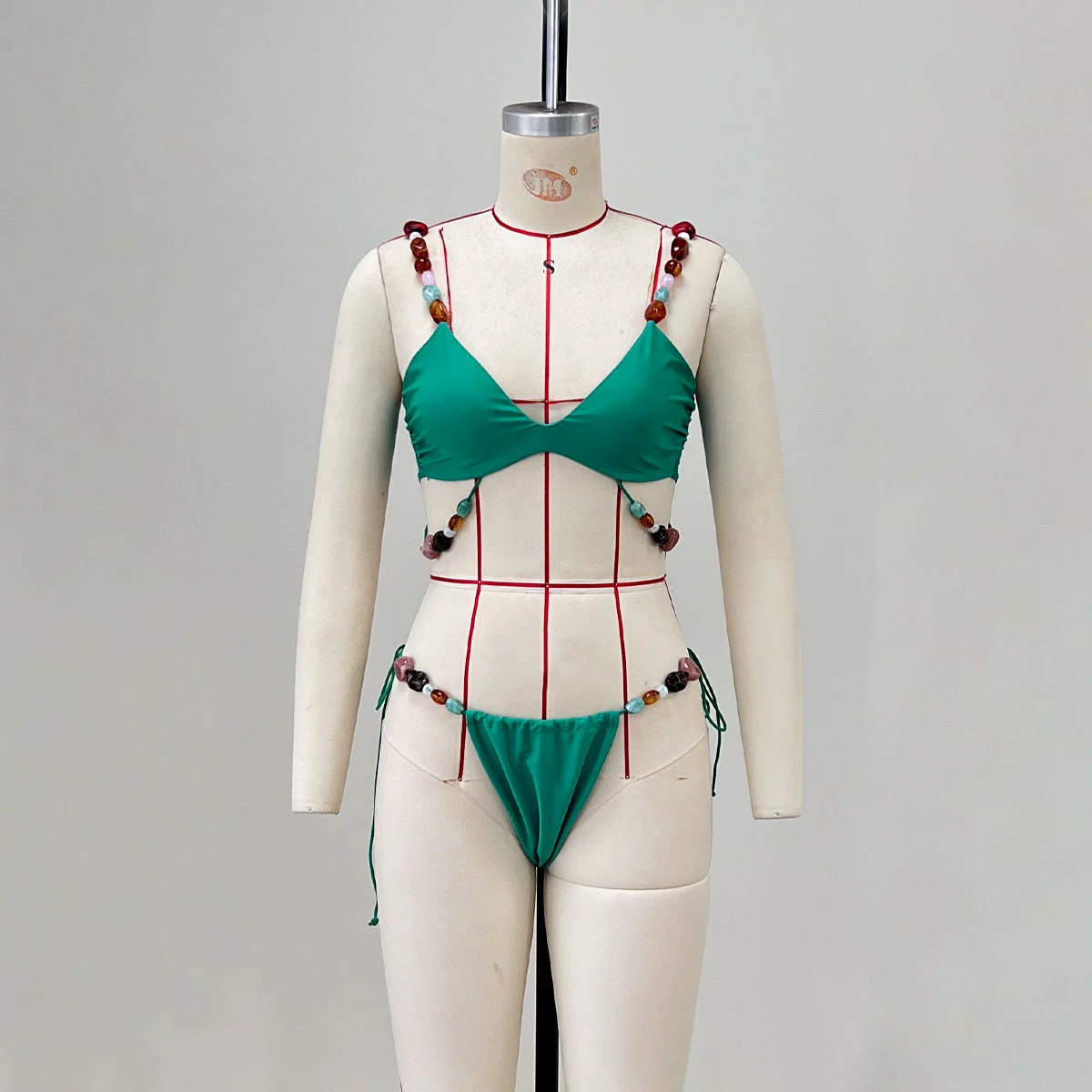 Women’s Beaded Bikini Set with Triangle Top and Side-Tie Bottom