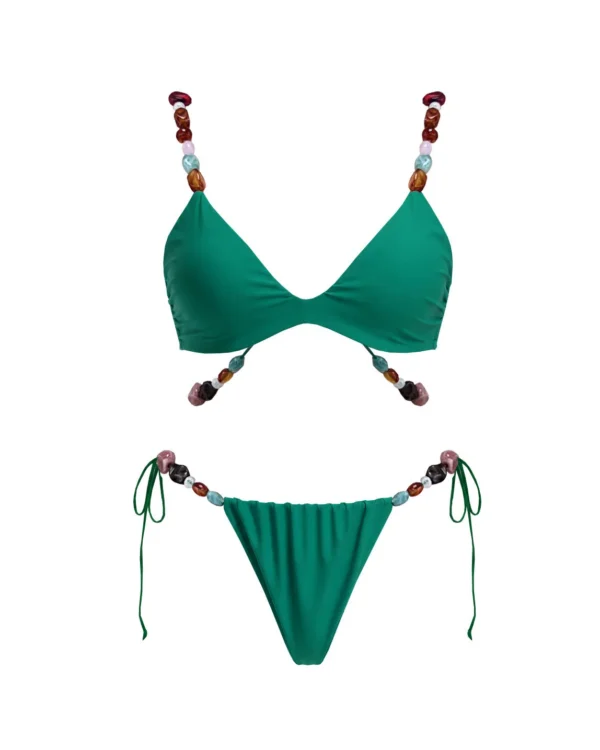 Conjunto de bikini para mujer con cuentas, top triangular y parte inferior con lazada lateral