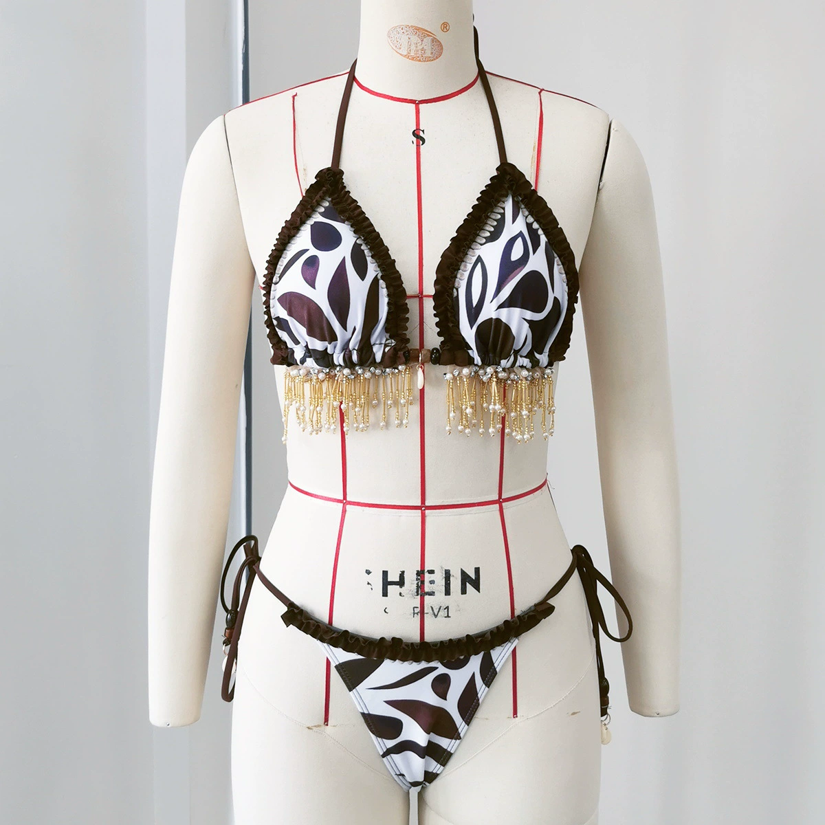 Ruffled Halter Bikini with Beaded Fringe