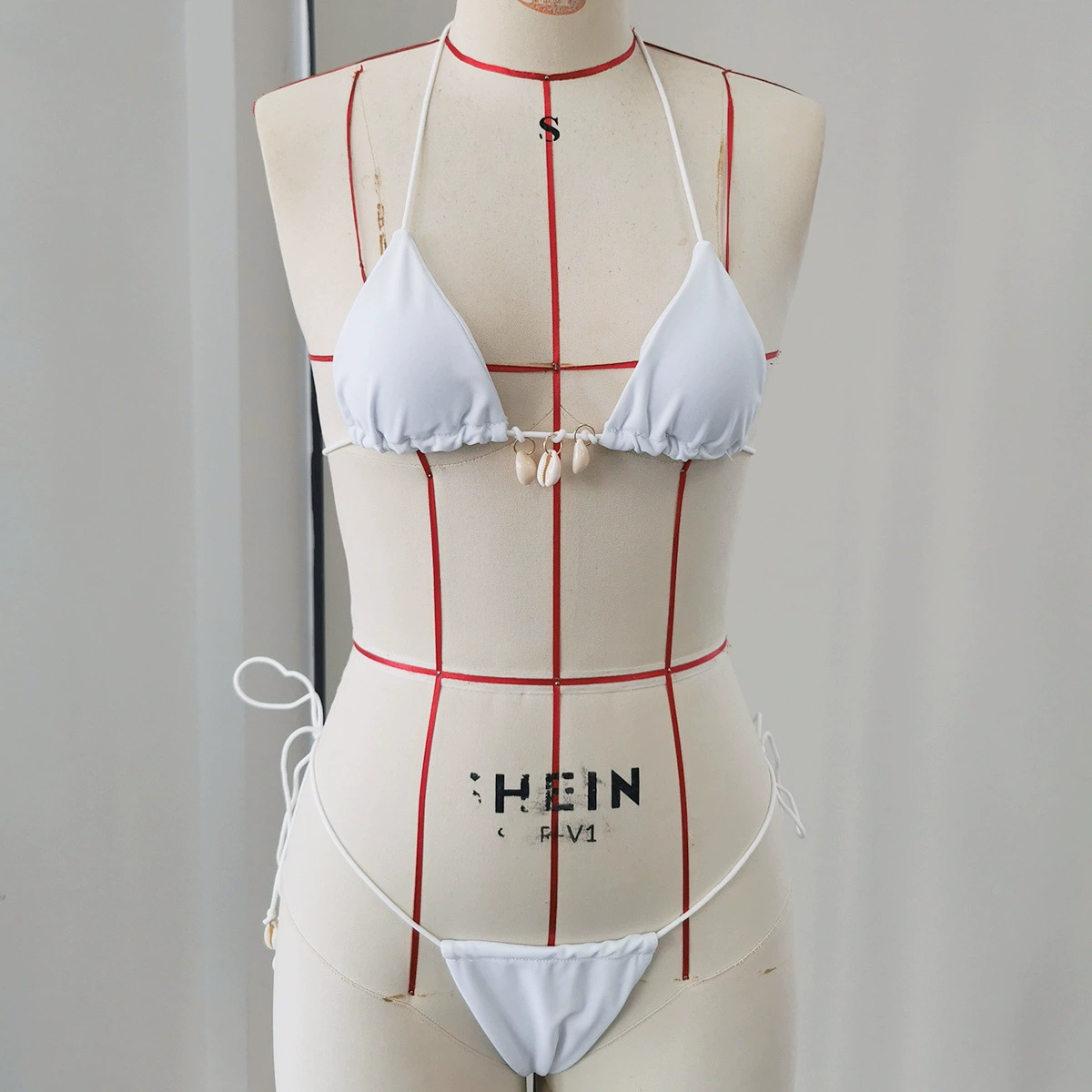 Halter Triangle Bikini with Shell Embellishments and Tie-Side Bottoms