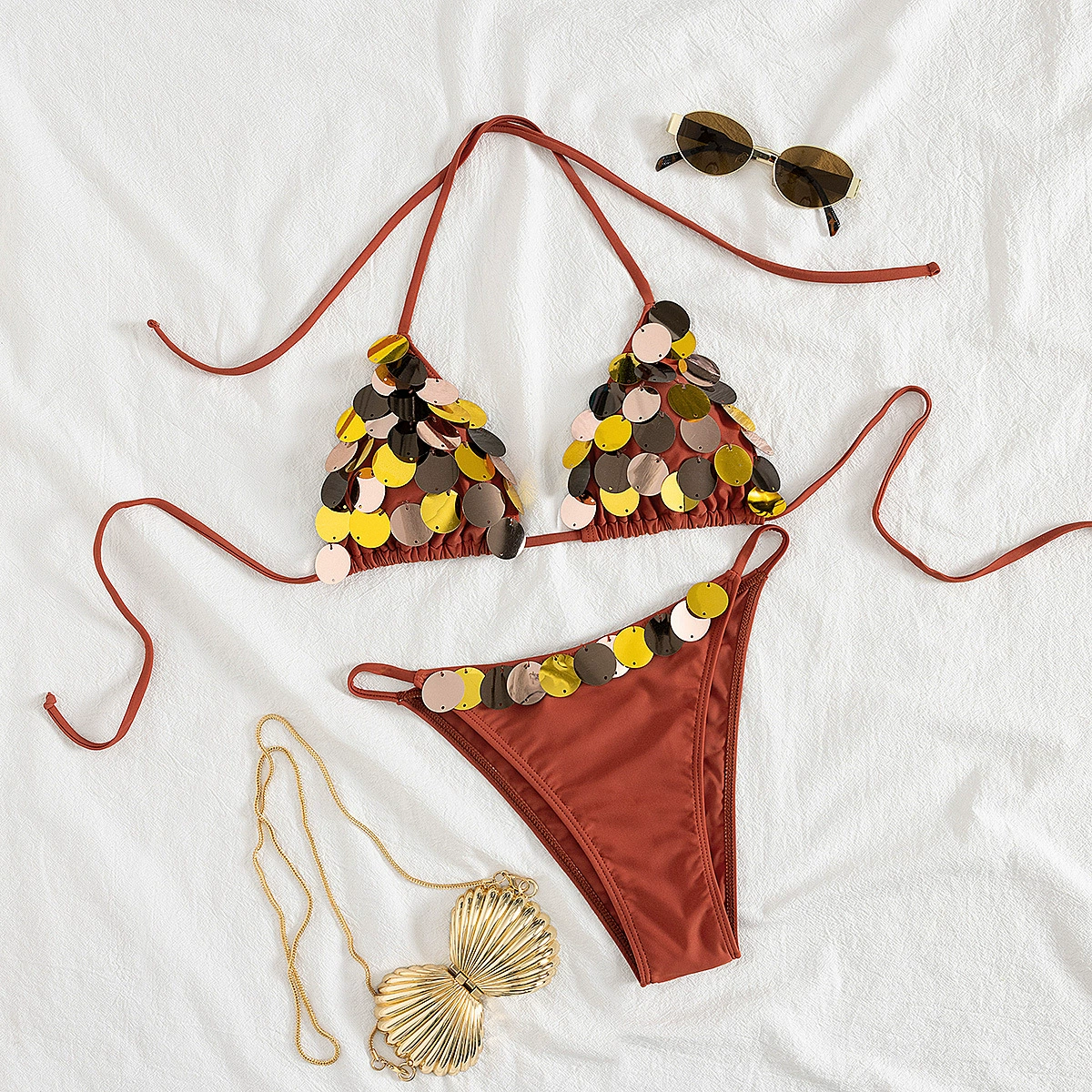 Sequin Halter Bikini Set with Side-Tie Bottoms