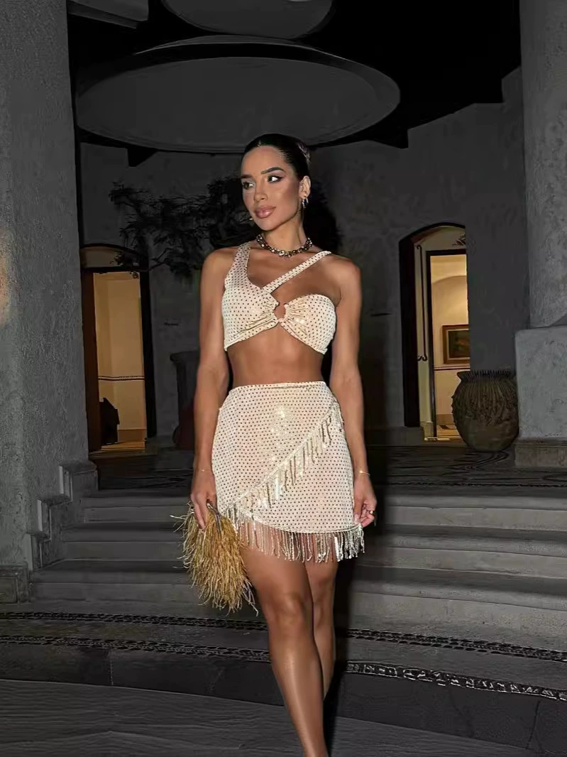 Halter Crop Top and Fringe Mini Skirt Set