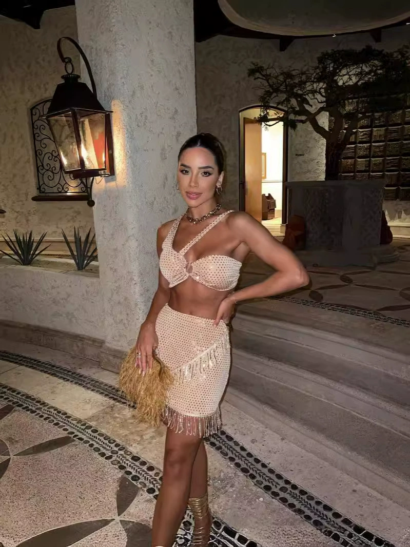 Halter Crop Top and Fringe Mini Skirt Set