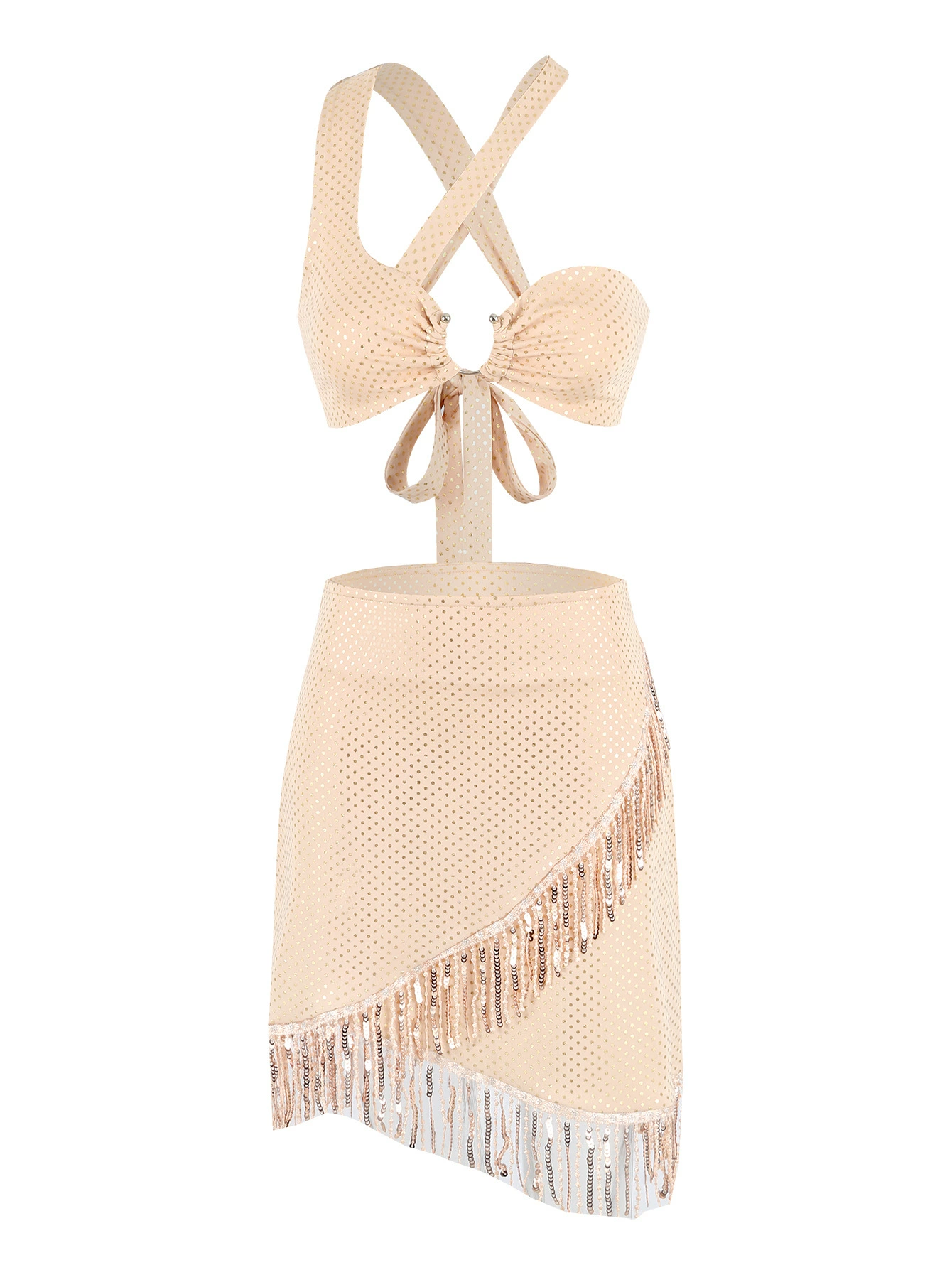 Halter Crop Top and Fringe Mini Skirt Set view 3