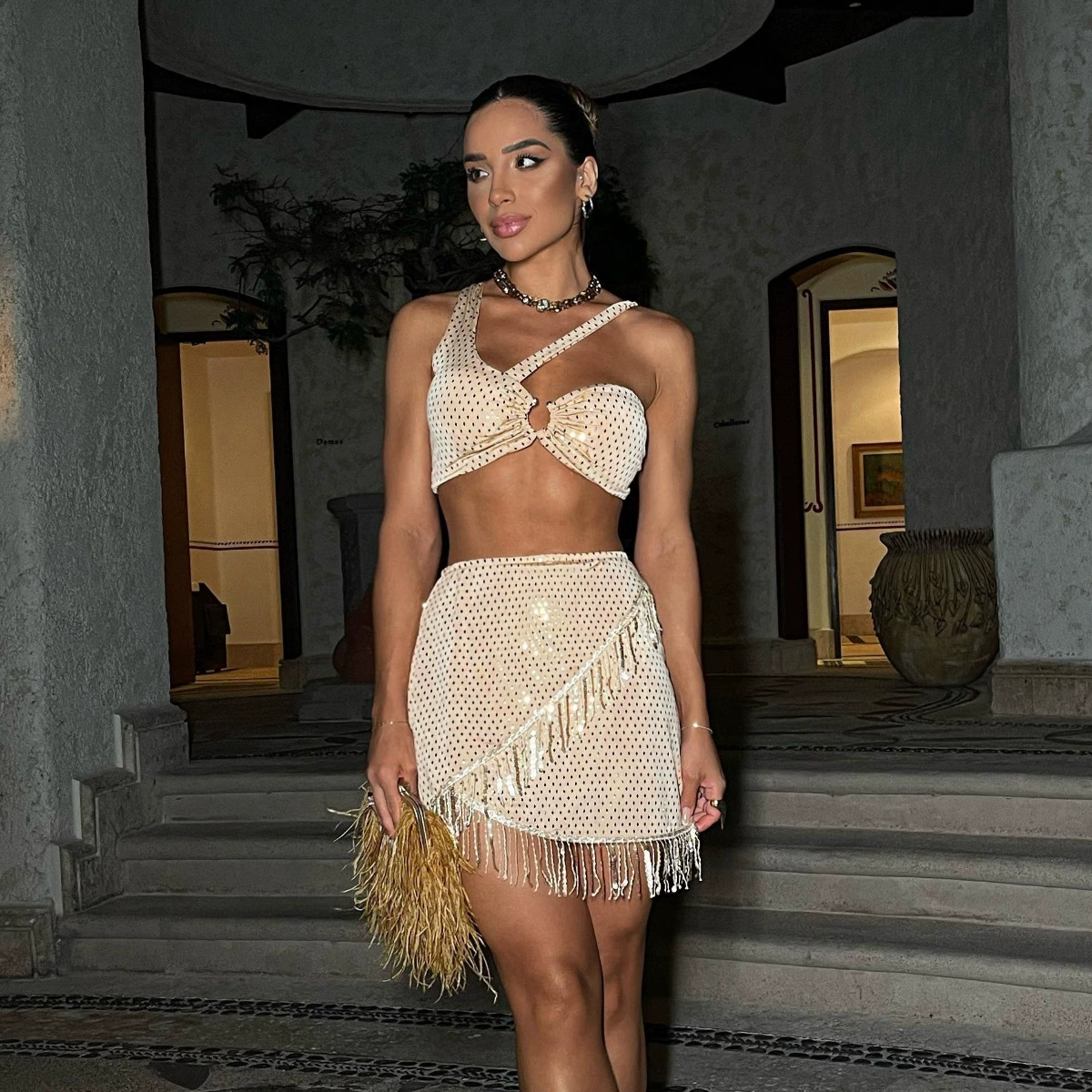Halter Crop Top and Fringe Mini Skirt Set view 6