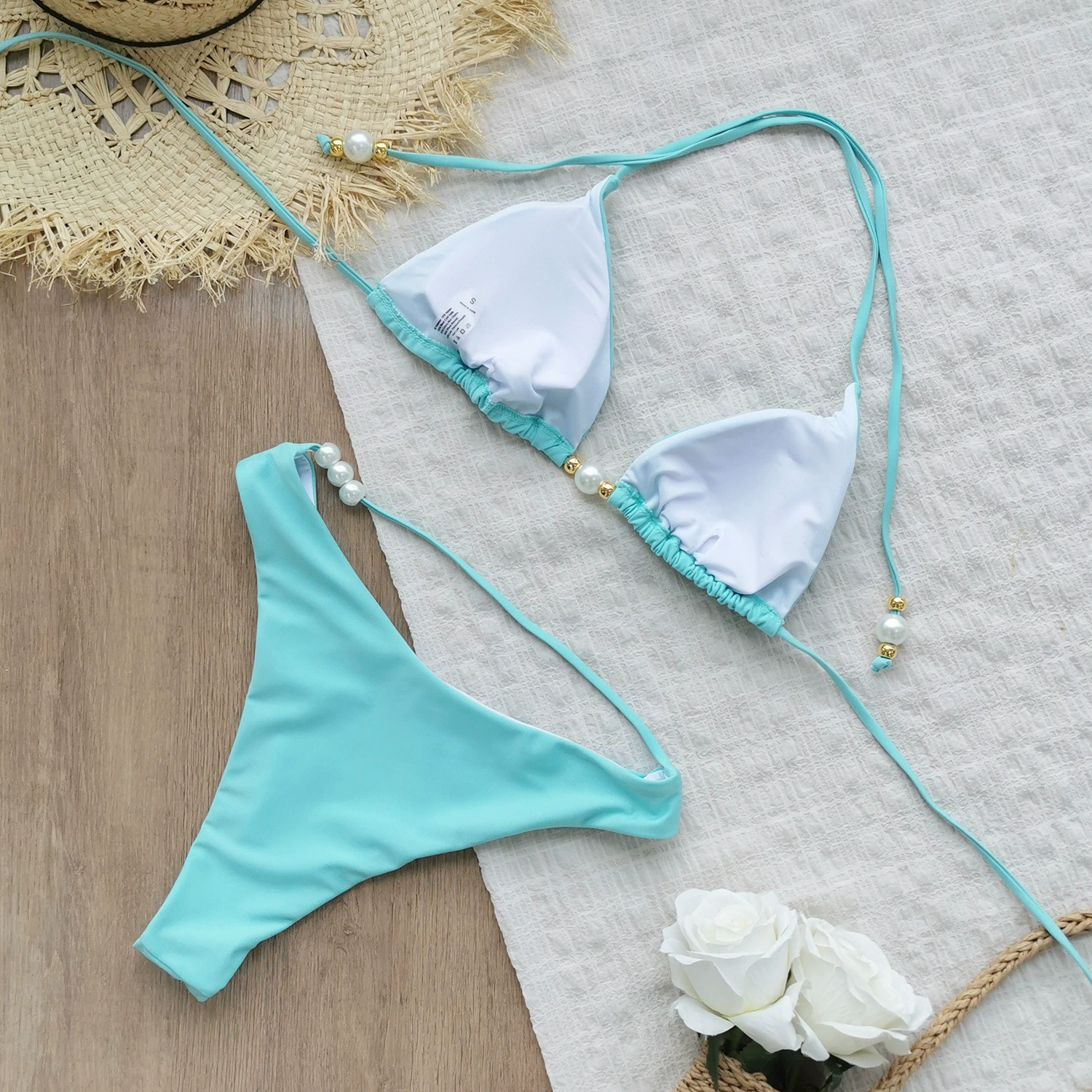 Halter Triangle Bikini Set with Pearl Bead Accents view 3