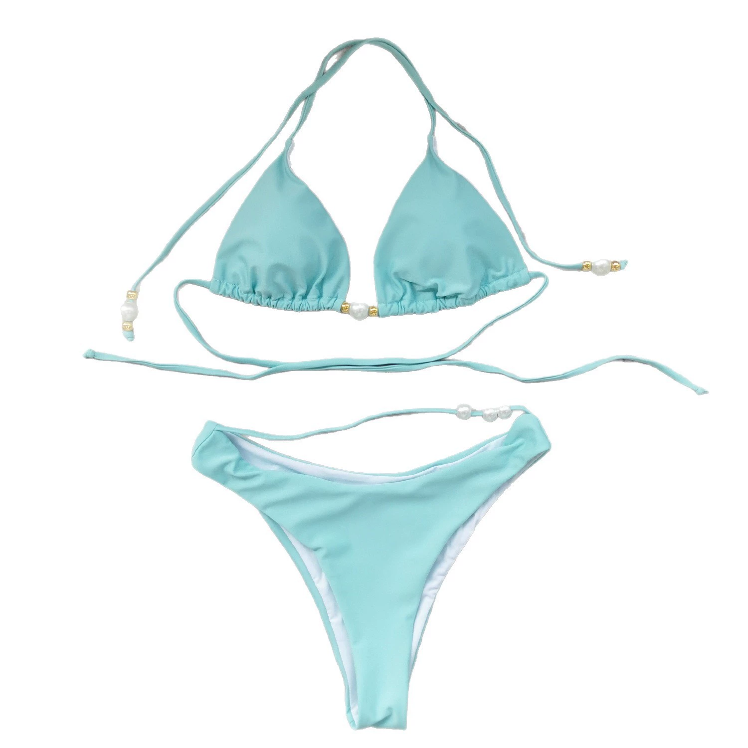 Halter Triangle Bikini Set with Pearl Bead Accents view 5