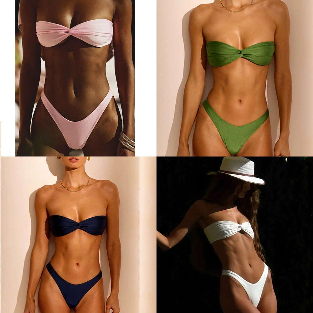 Women’s Twist Front Bandeau Bikini Set with High Cut Bottoms