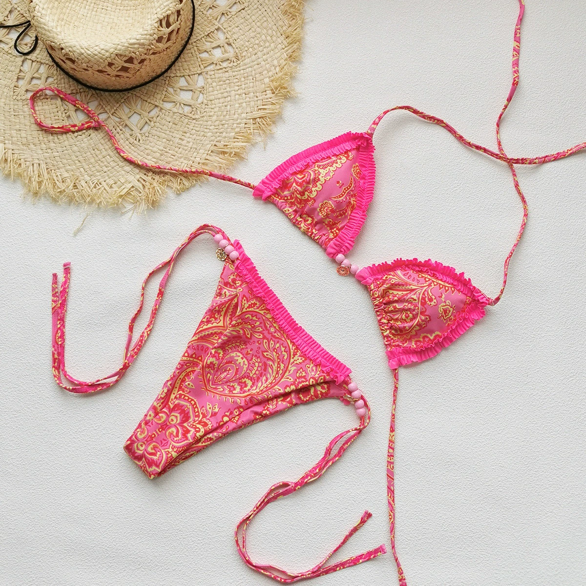 Ruffled Triangle Halter Bikini Set with Side Ties