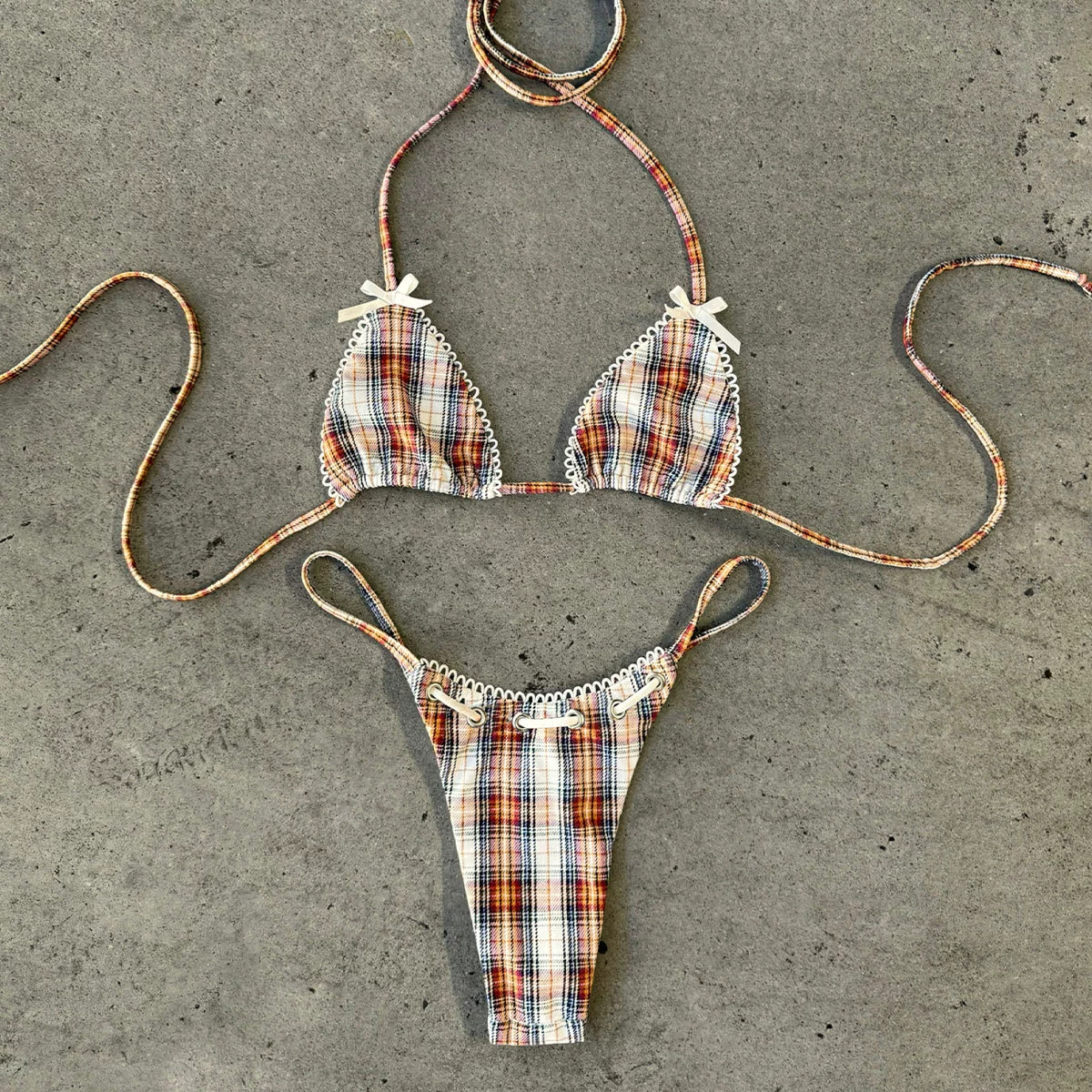 Women’s Halter Triangle Bikini Set with Scalloped Trim and Bows