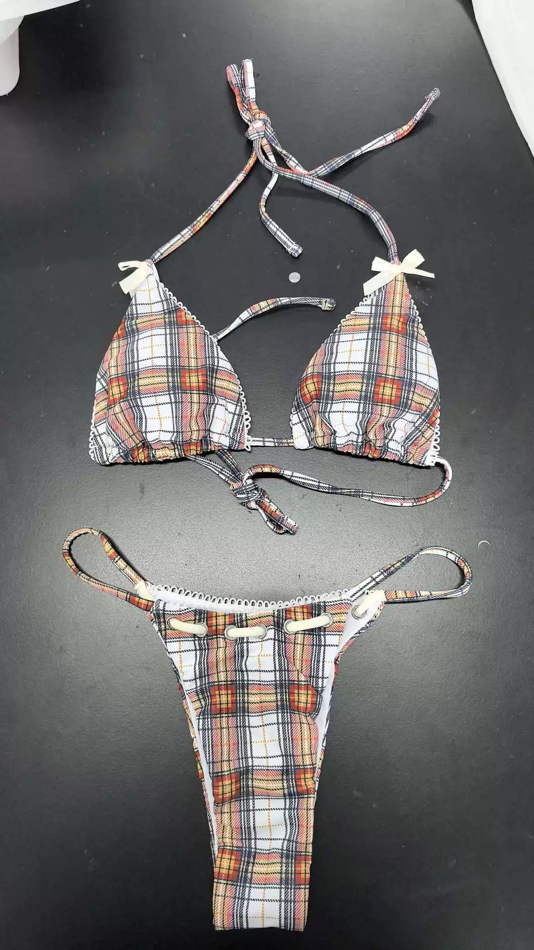 Women's Halter Triangle Bikini Set with Scalloped Trim and Bows view 6