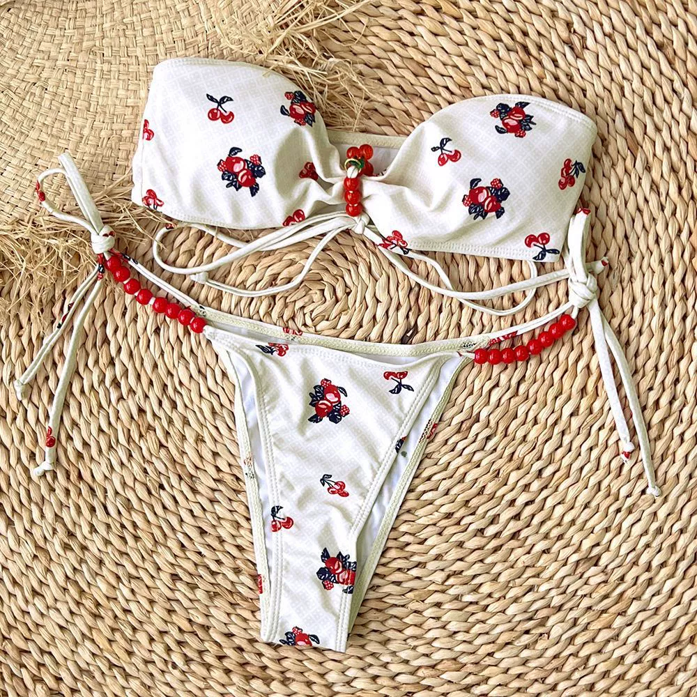 Strapless Bandeau Bikini Set with Beaded Ties