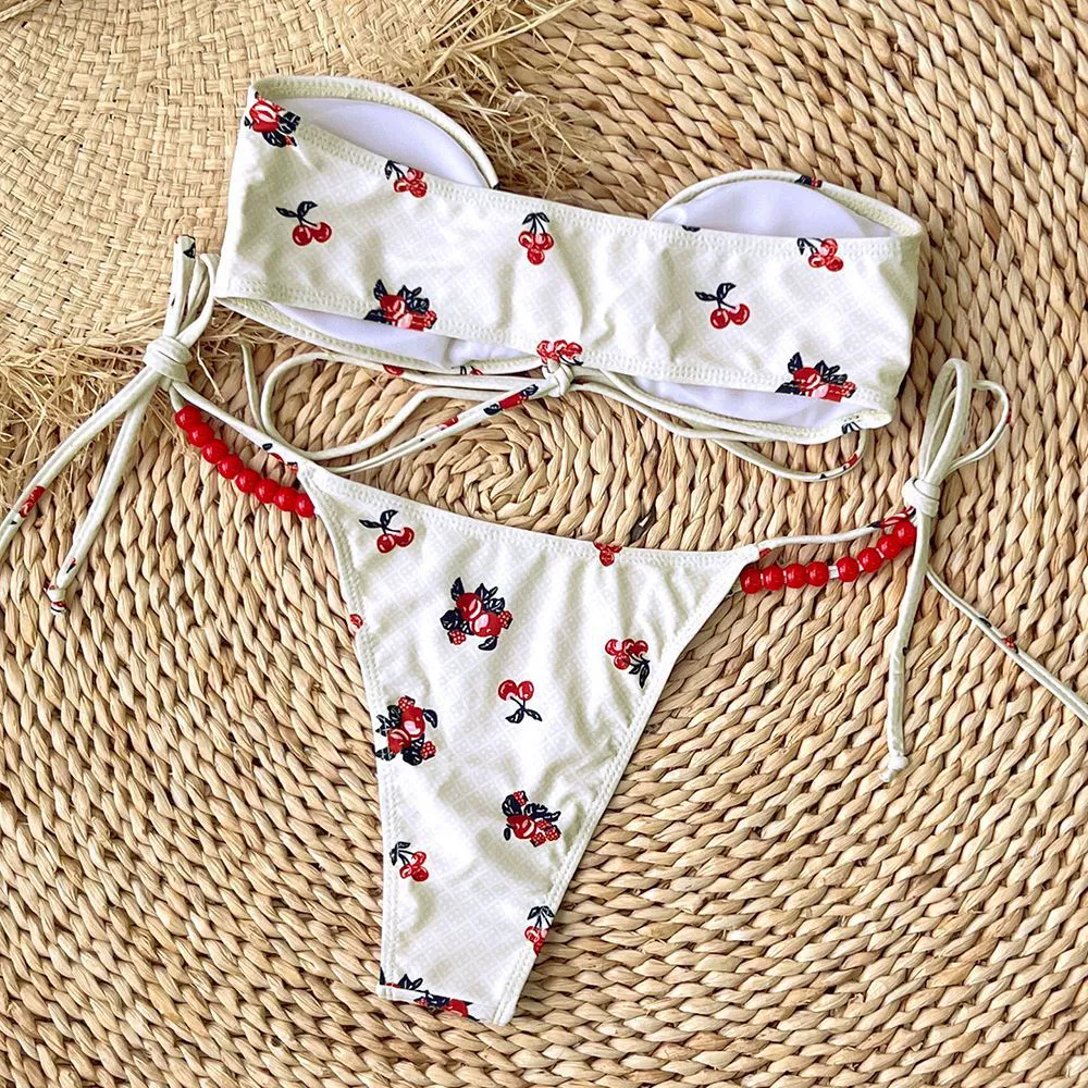 Strapless Bandeau Bikini Set with Beaded Ties