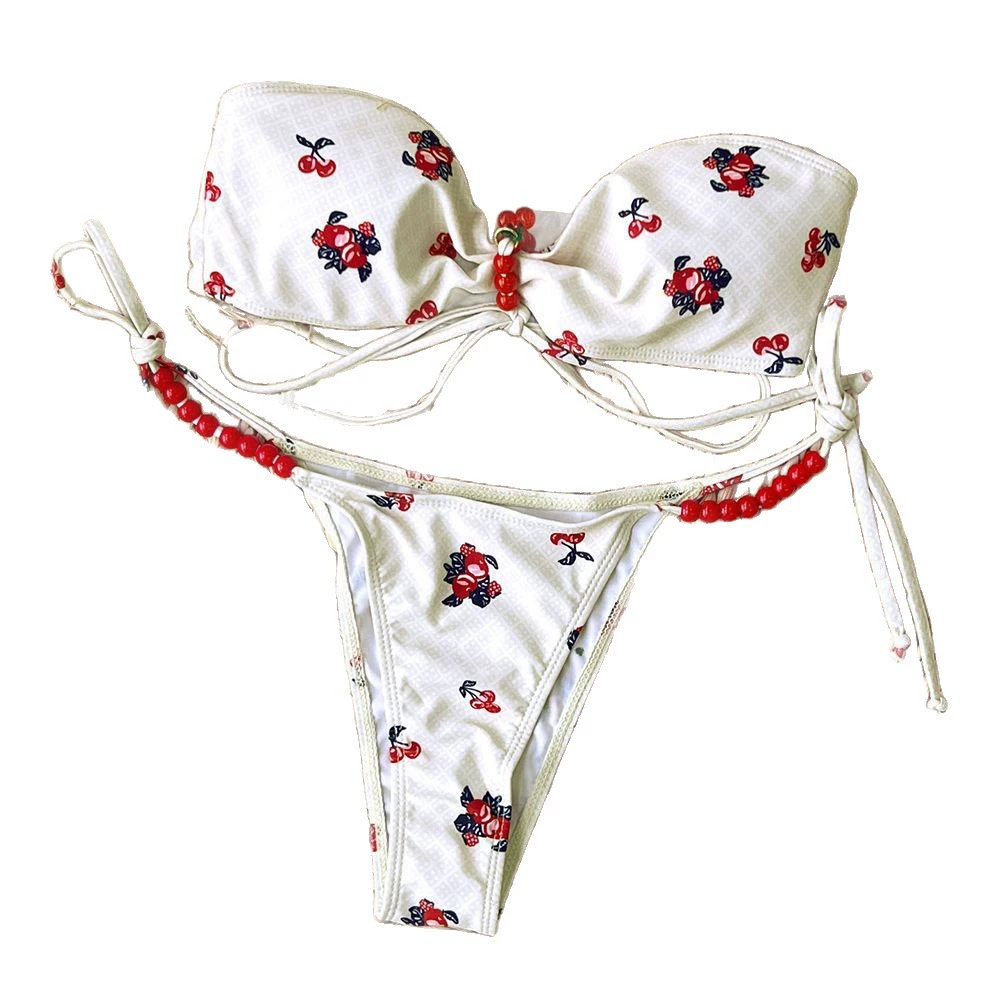 Strapless Bandeau Bikini Set with Beaded Ties view 5