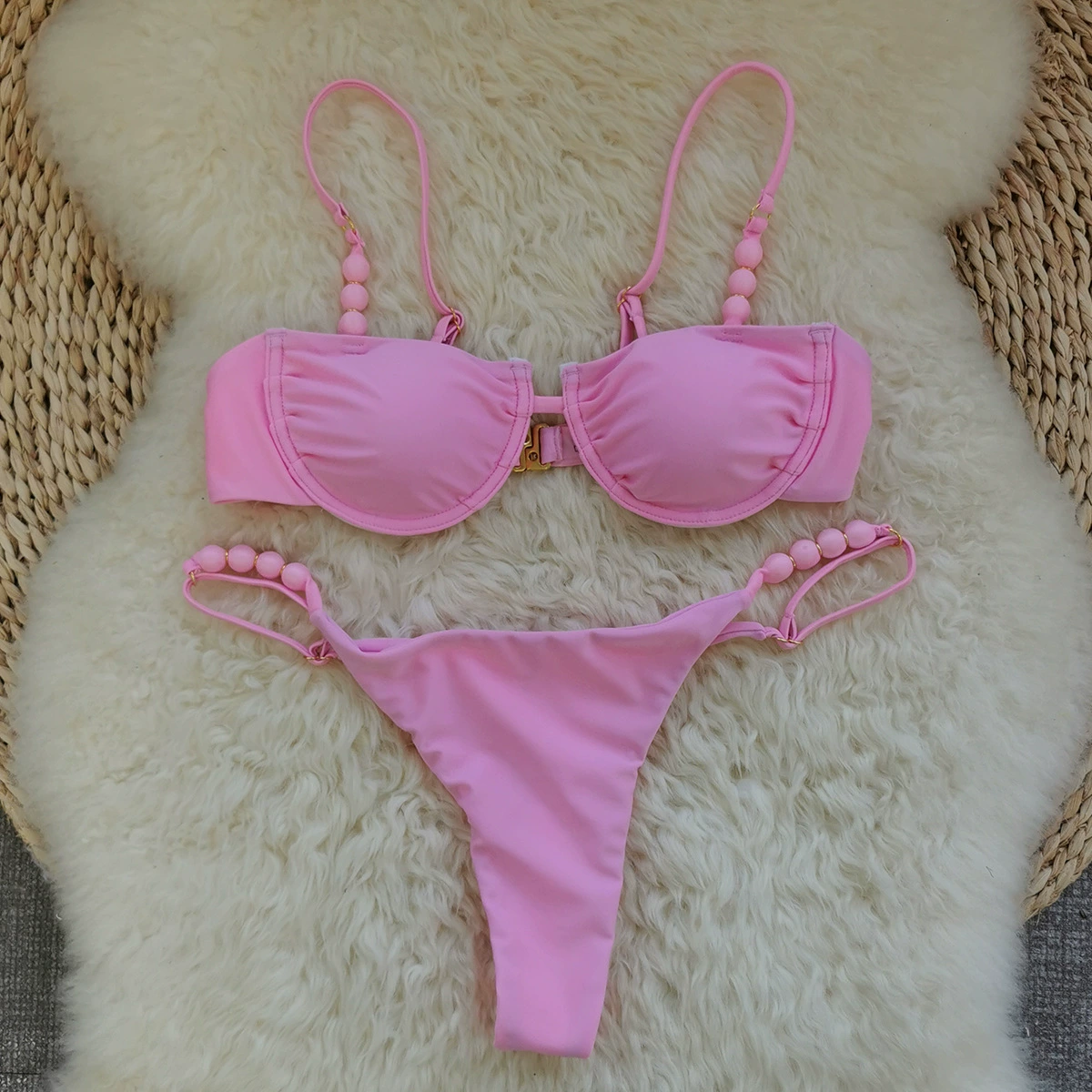 Women’s Two-Piece Bikini Set with Beaded Straps and High-Cut Brief