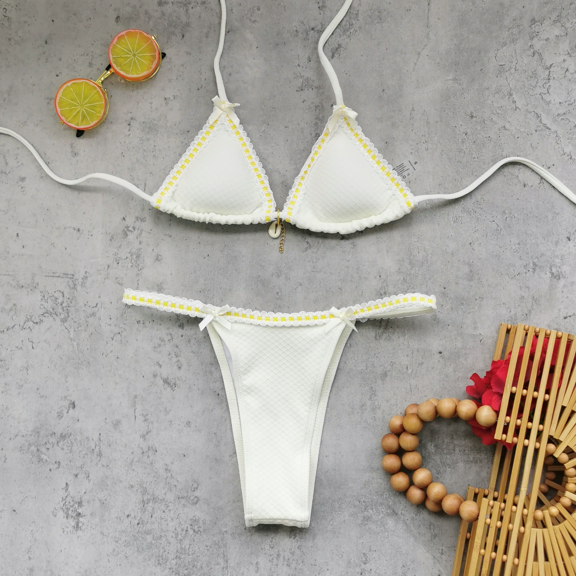 Halter Neck Triangle Bikini Set with Ruffle Trim