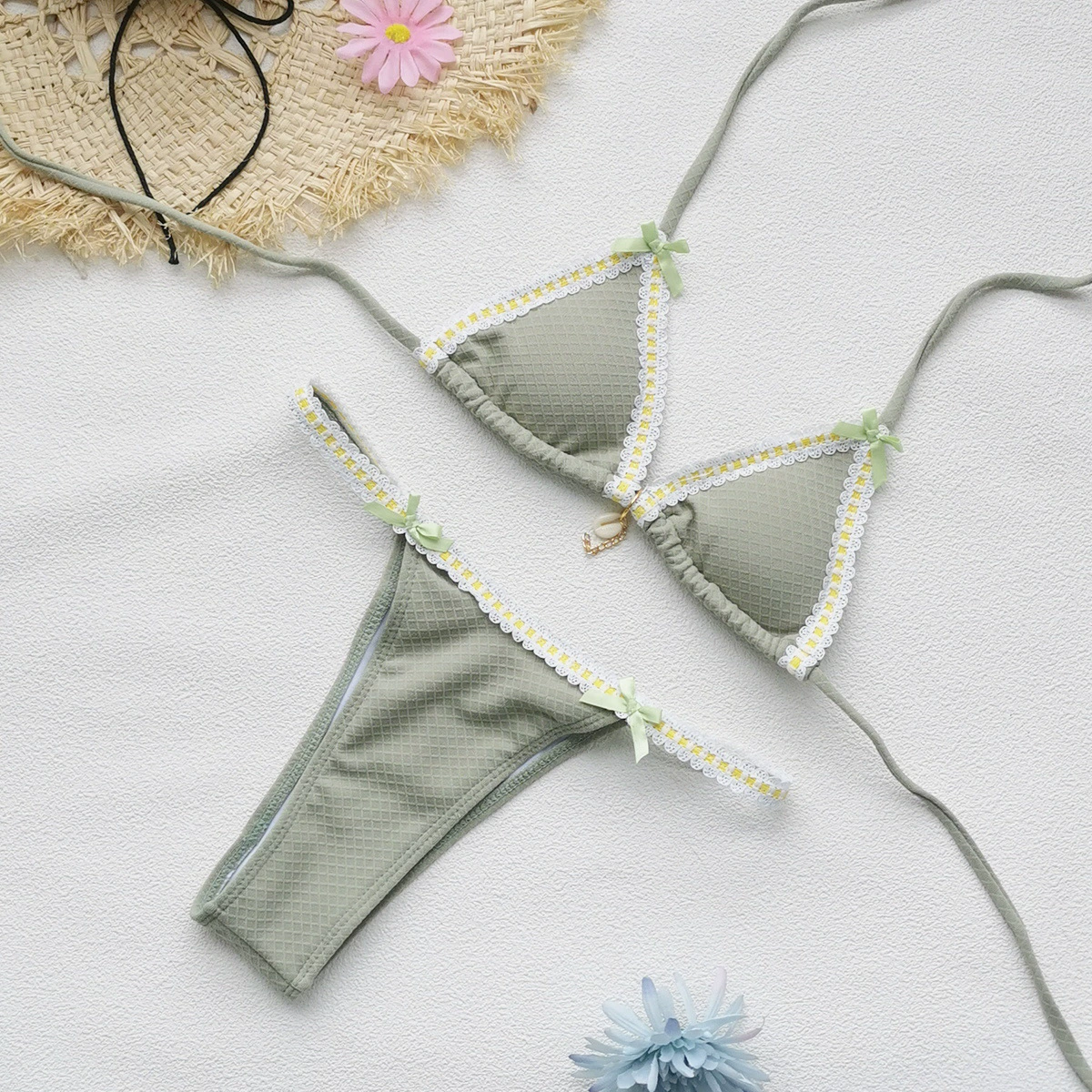 Halter Neck Triangle Bikini Set with Ruffle Trim view 4