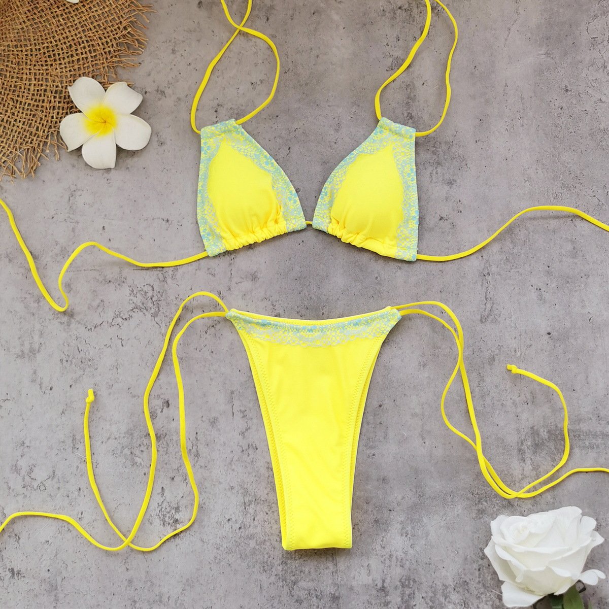 Yellow bikini with blue trim