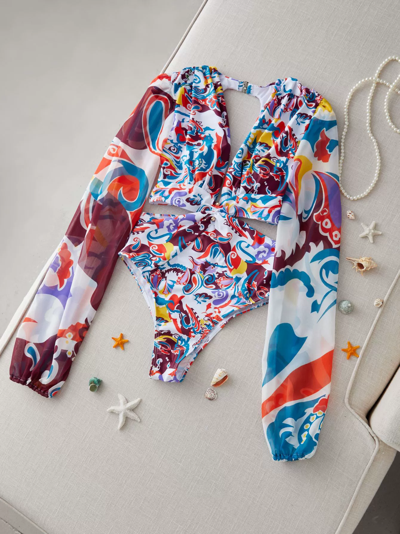 Long-Sleeve Deep-V Two-Piece Swimsuit Set view 4