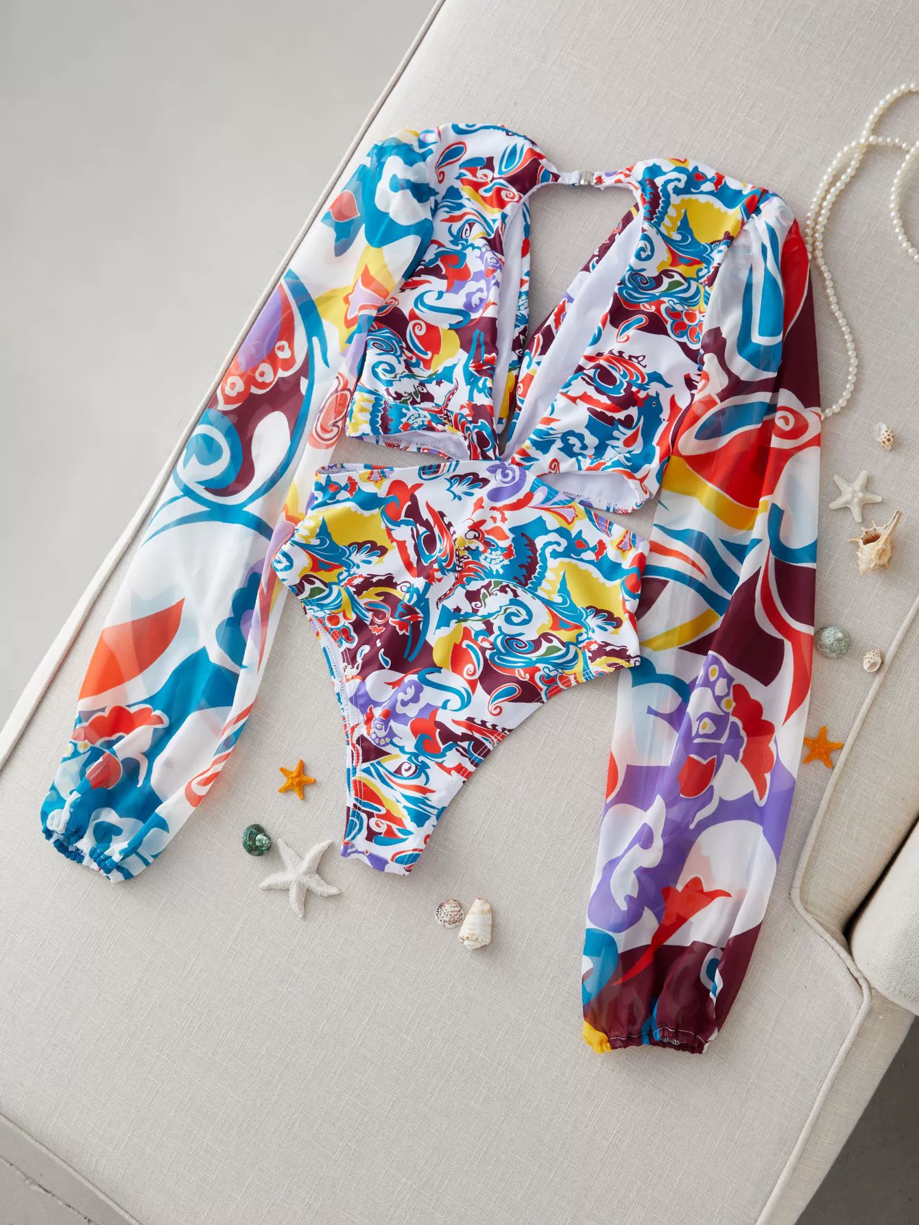 Long-Sleeve Deep-V Two-Piece Swimsuit Set view 5