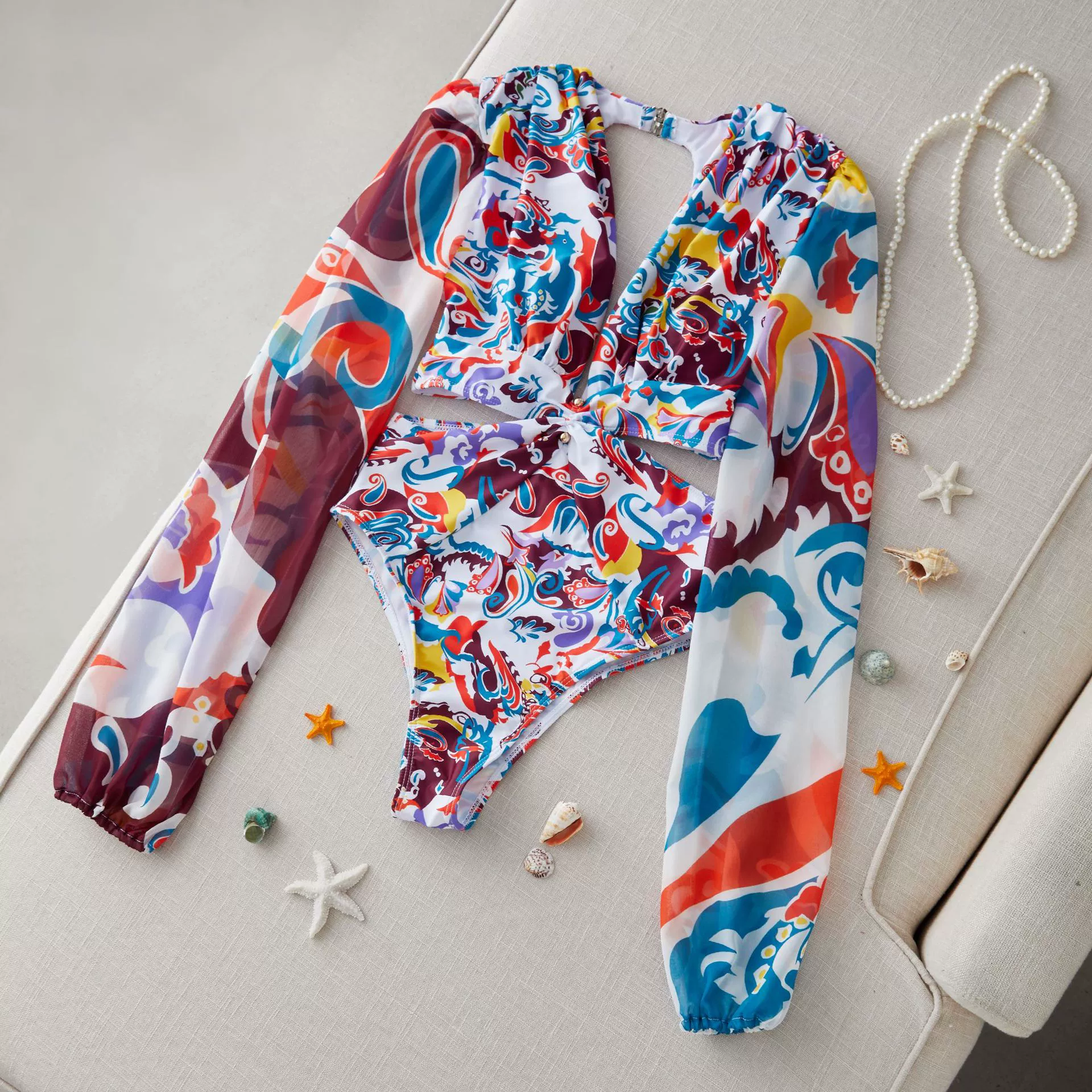 Long-Sleeve Deep-V Two-Piece Swimsuit Set view 6