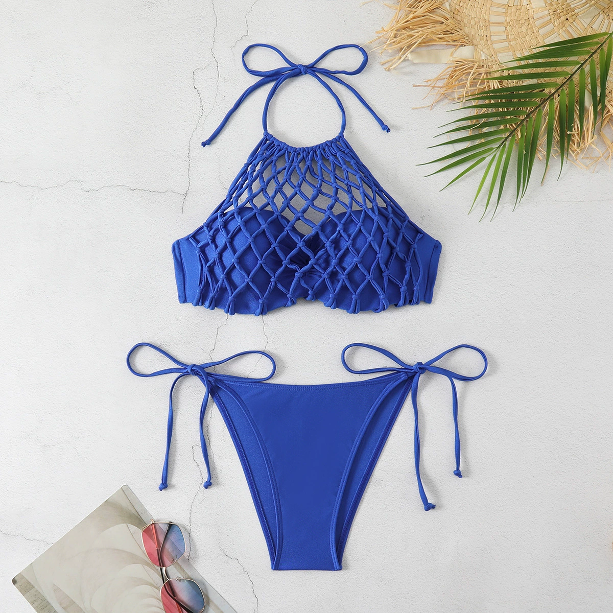 Halter Neck Crochet Bikini Set with Molded Cups and Tie-Side Bottoms
