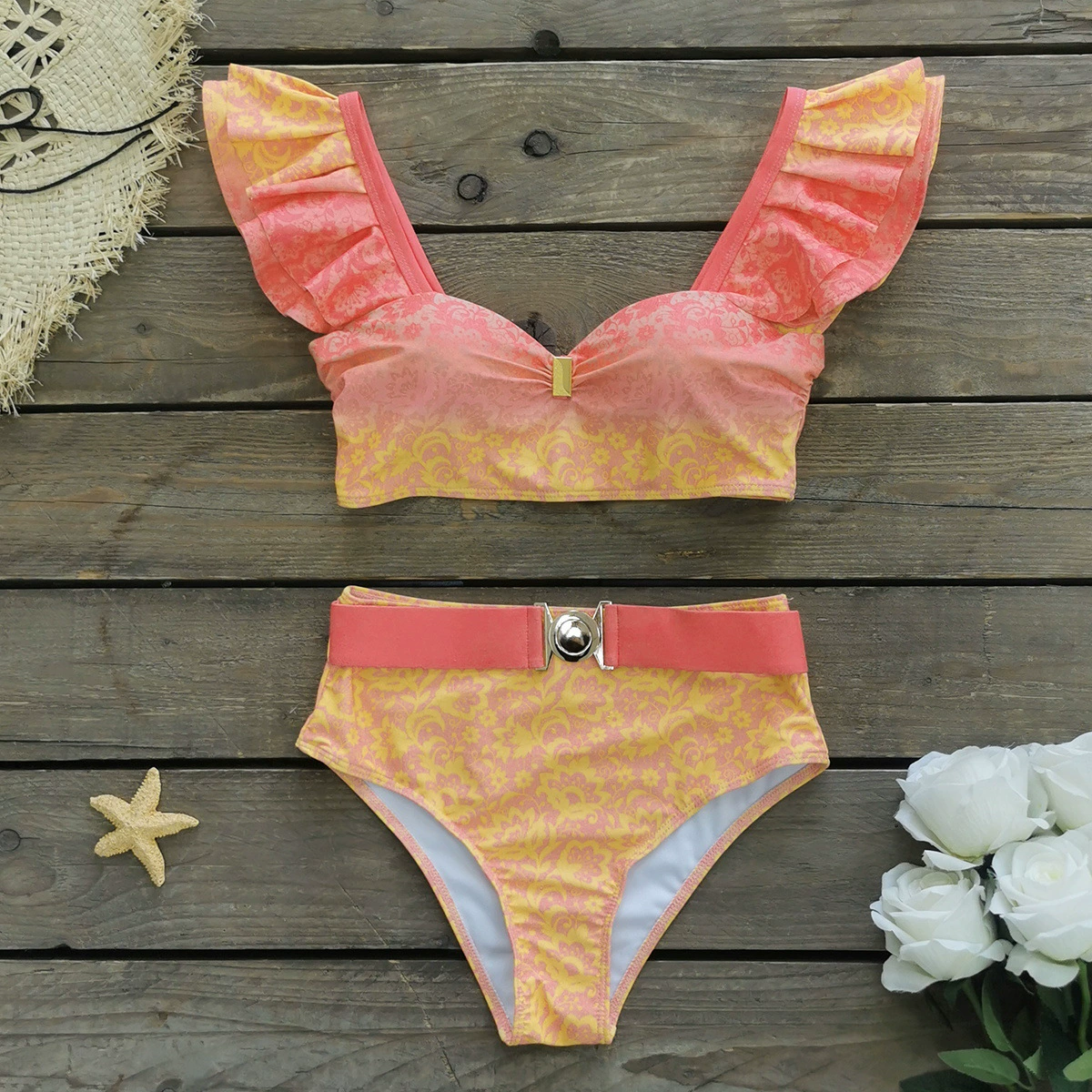 Two-Piece Bikini Set with Ruffled Straps and Belted Bottom