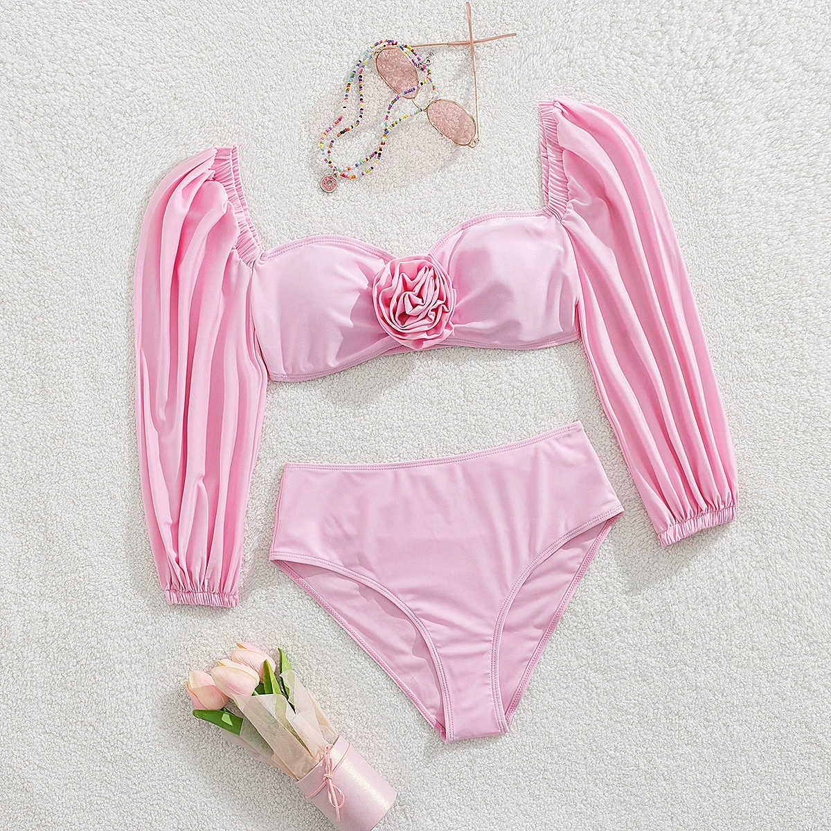 Long Sleeve Bikini Set with Rose Detail