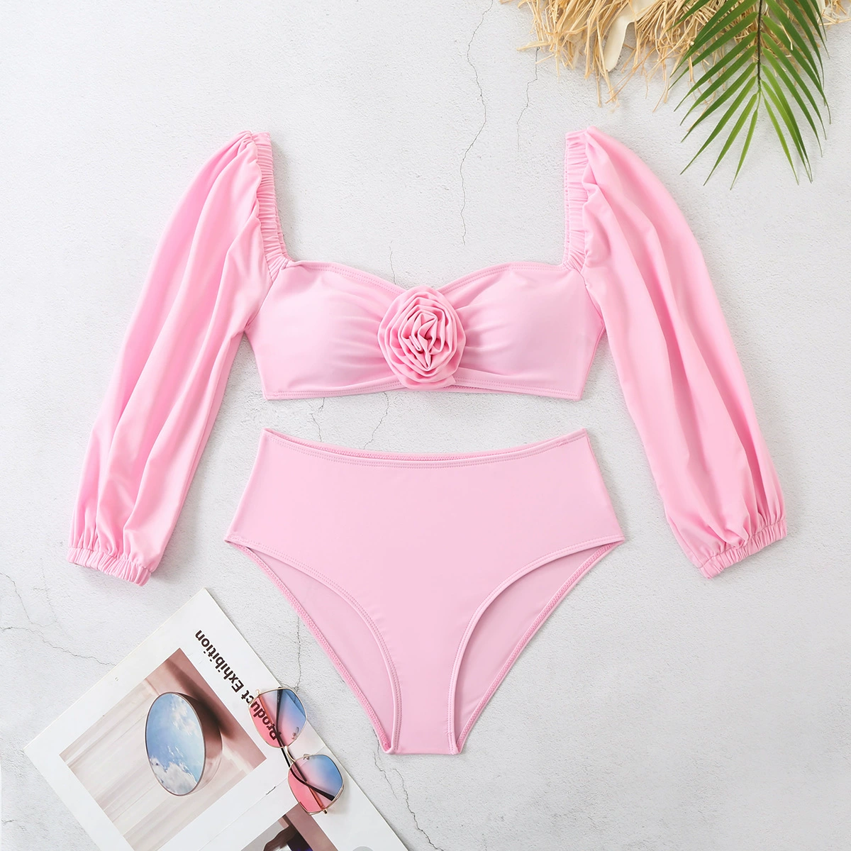 Long Sleeve Bikini Set with Rose Detail