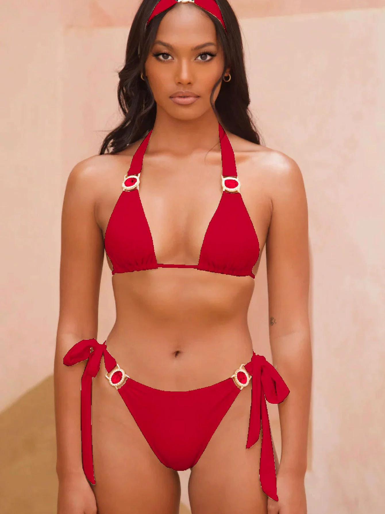 Two-Piece Triangle Halter Bikini Set with Side Ties