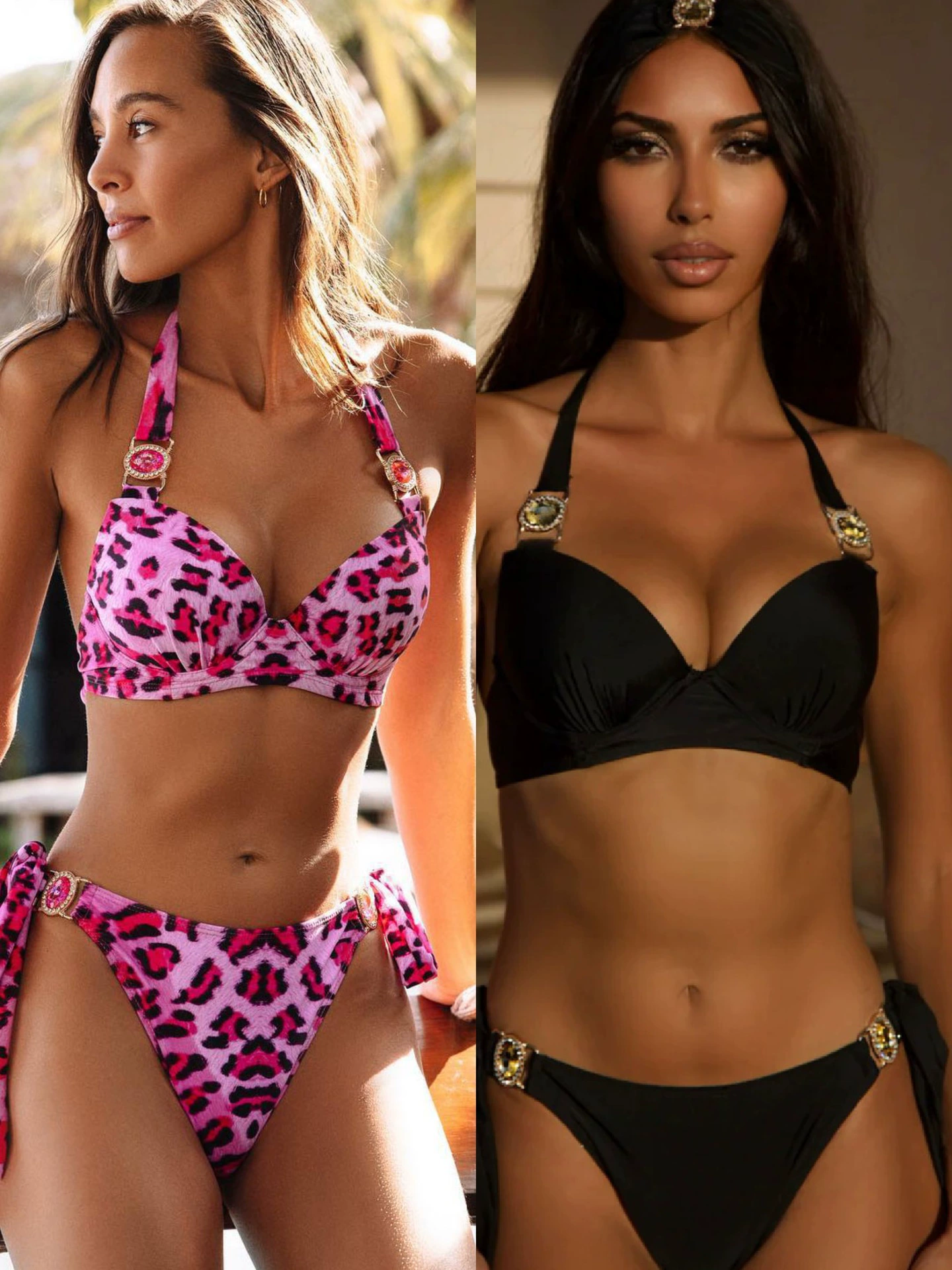 Two-Piece Halter Bikini Set with Jeweled Hardware