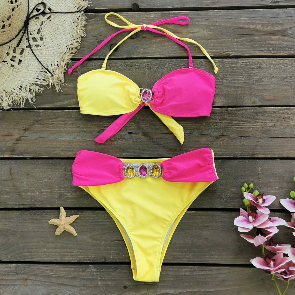 Two-Piece Bandeau Bikini with High-Waist Ruched Bottoms view 3