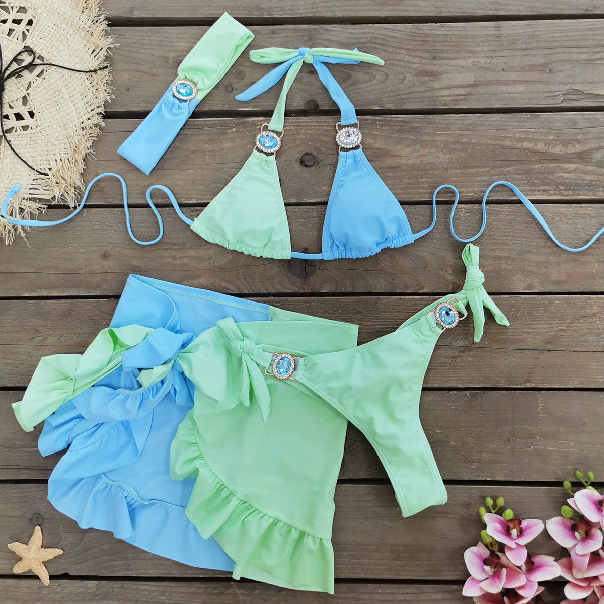 Halter Triangle Bikini Set with Ruffle Sarong and Headband view 6
