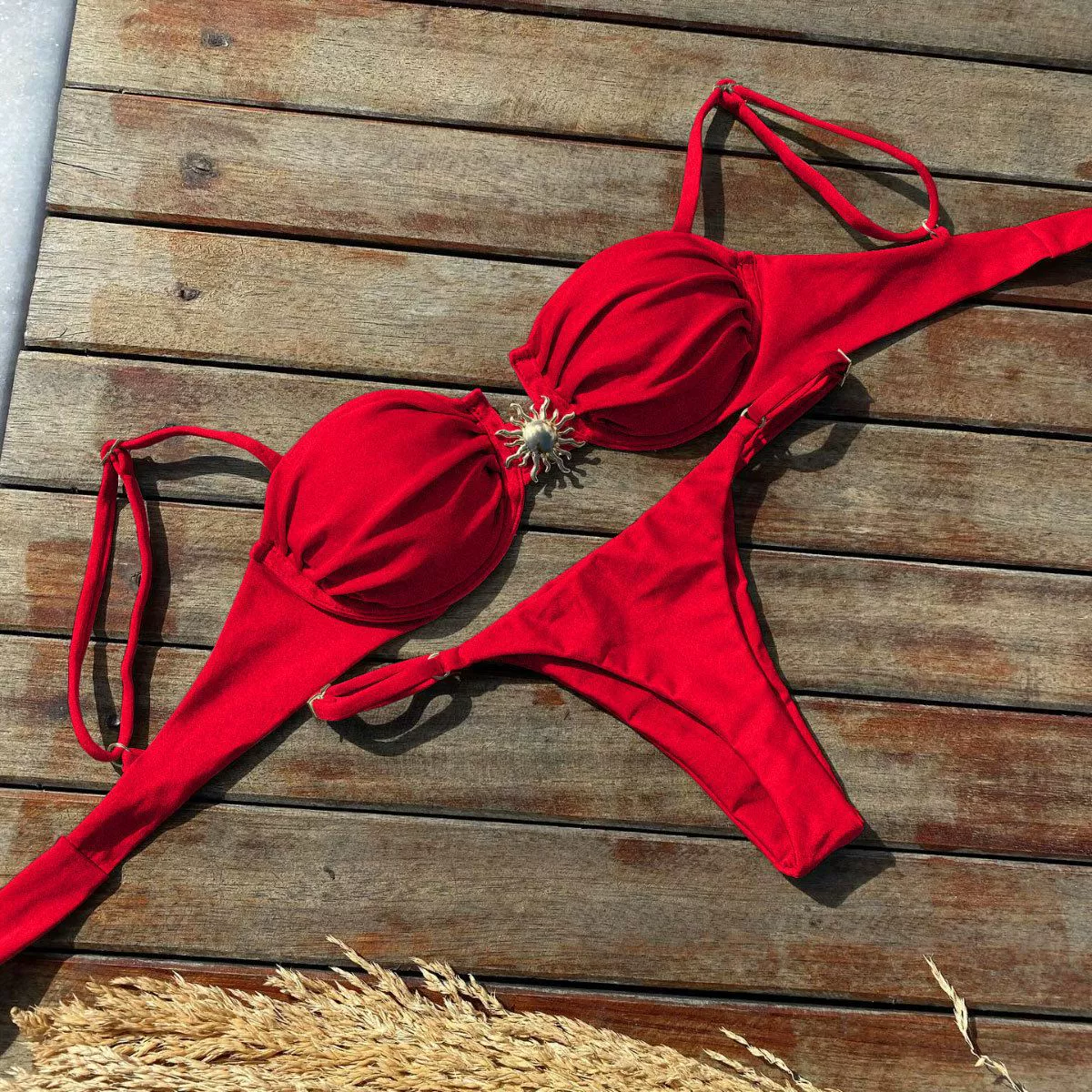 Ruched Two-Piece Bikini Set with Adjustable Straps and Low-Rise Bottoms