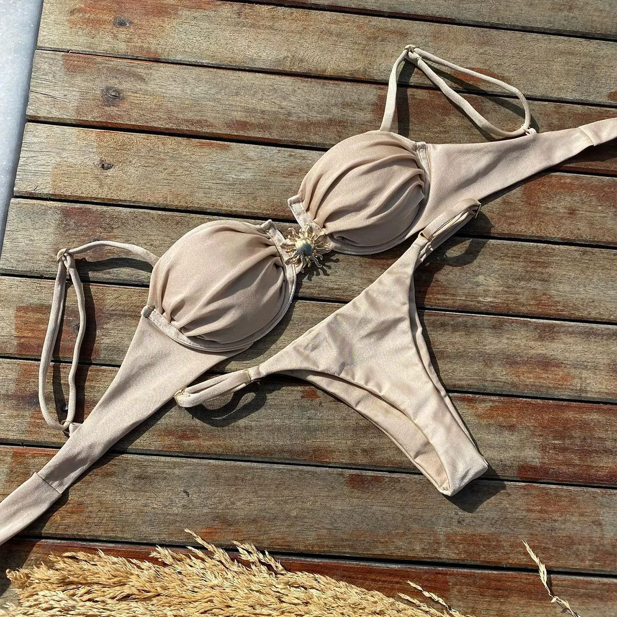 Ruched Two-Piece Bikini Set with Adjustable Straps and Low-Rise Bottoms