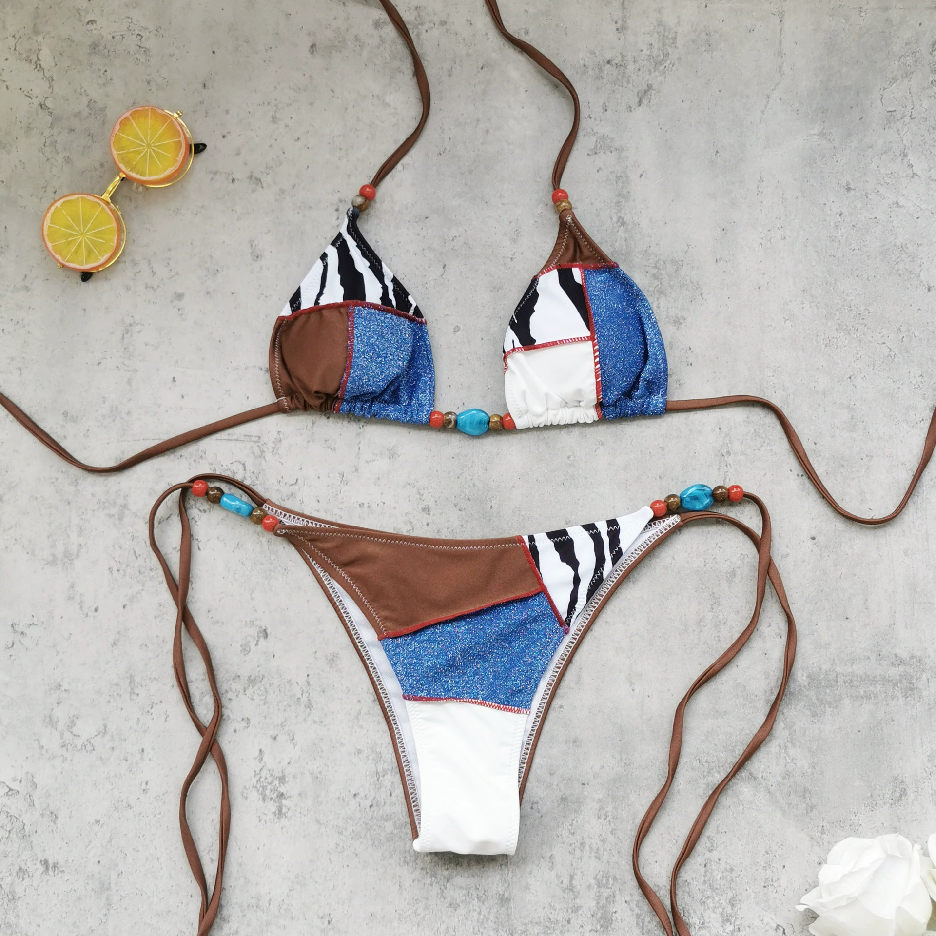 Two-Piece Triangle Cup Tie-Side Bikini Set with Halter Ties view 3
