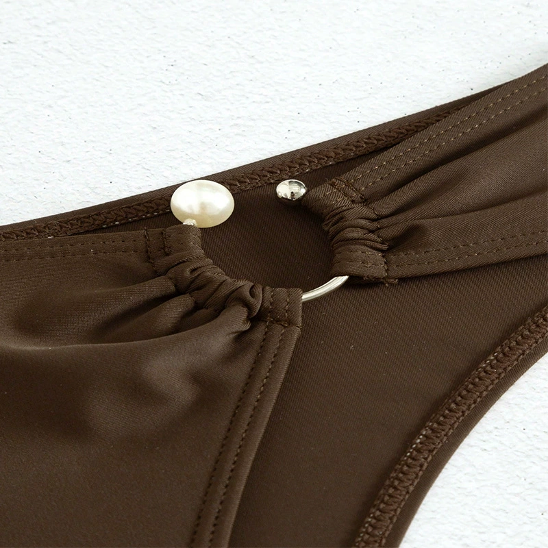 Women's High-Cut Bikini Bottom with O-Ring and Pearl Accent view 4