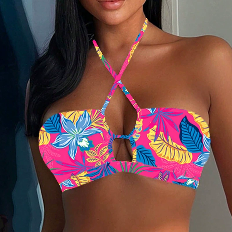 Women’s Cross Halter Bandeau Bikini Top with Keyhole Cutout