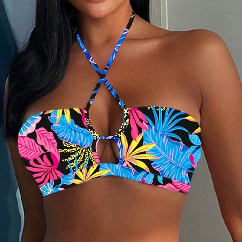 Women’s Cross Halter Bandeau Bikini Top with Keyhole Cutout
