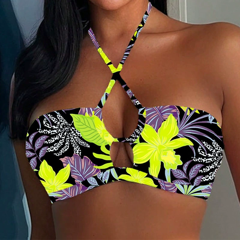 Women's Cross Halter Bandeau Bikini Top with Keyhole Cutout view 9