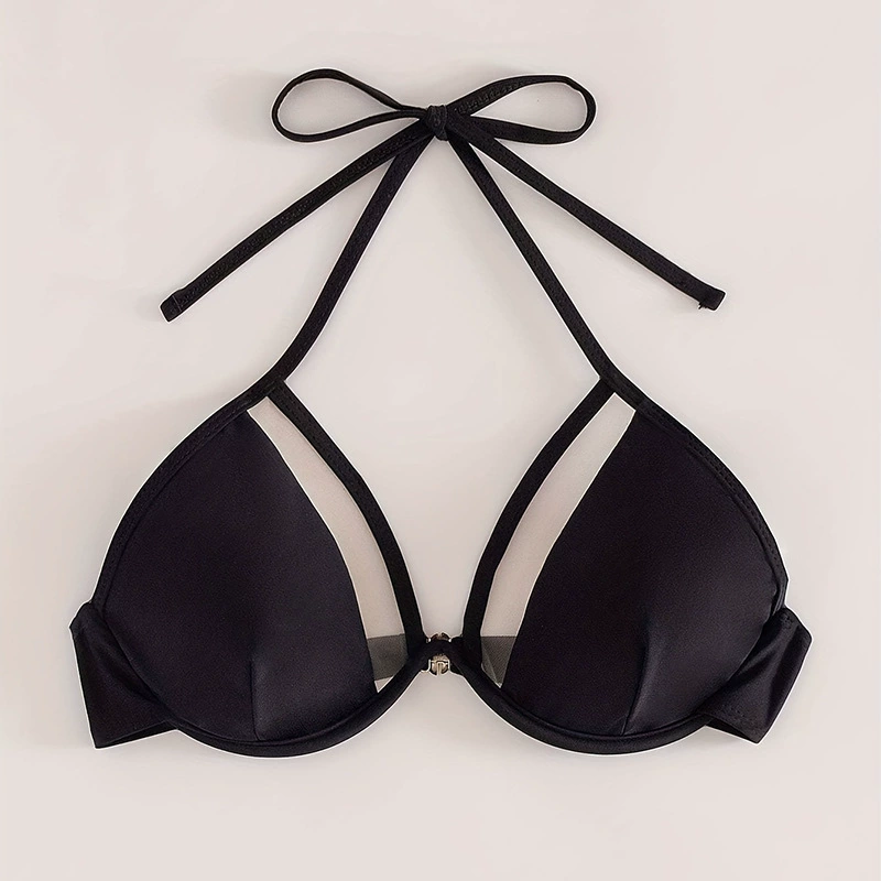 Halter Triangle Bikini Top with Sheer Insets and Clip Closure